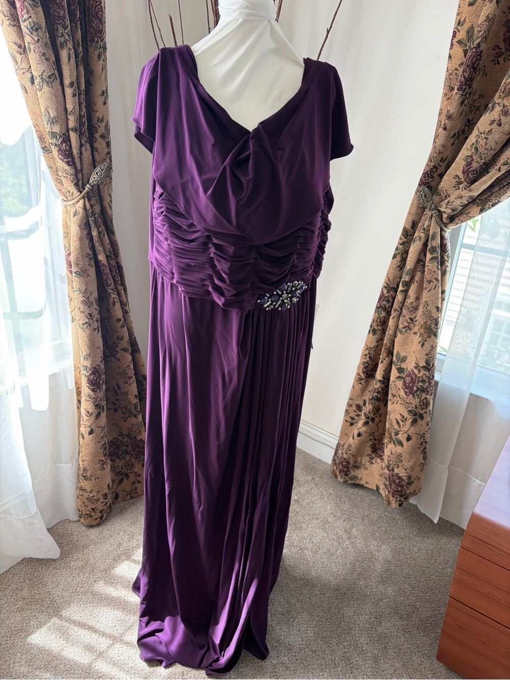 Patra Plum Draped Ruched Maxi Dress with Beaded Waist Detail